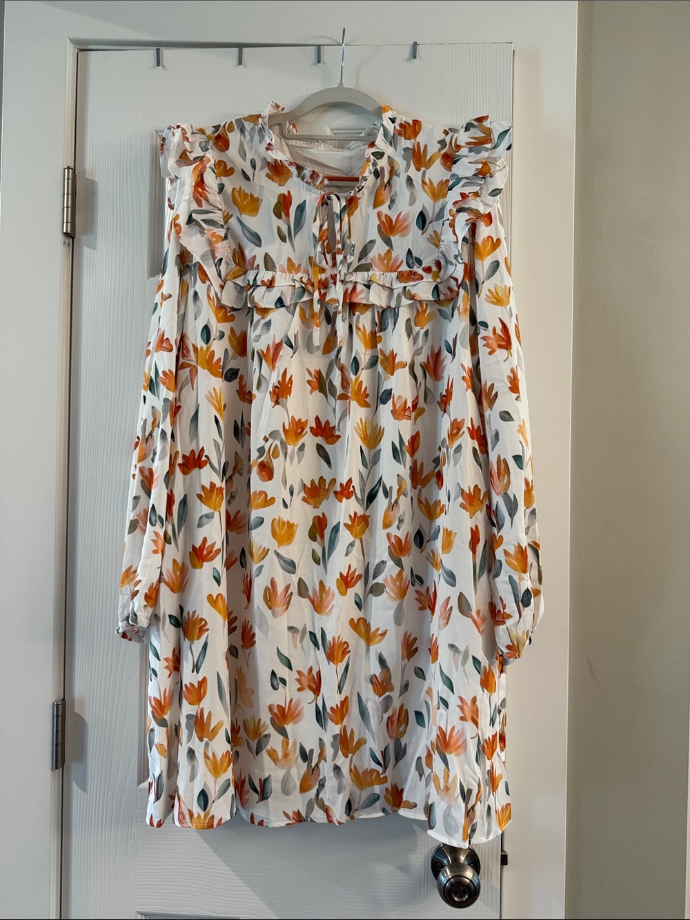 Source Unknown White Midi Dress with Orange & Green Floral Print